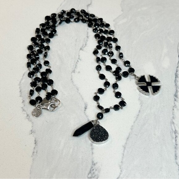 Whimsigoth Sterling Silver  Obsidian Bead Double Chain With Pendants Necklace - Picture 10 of 11